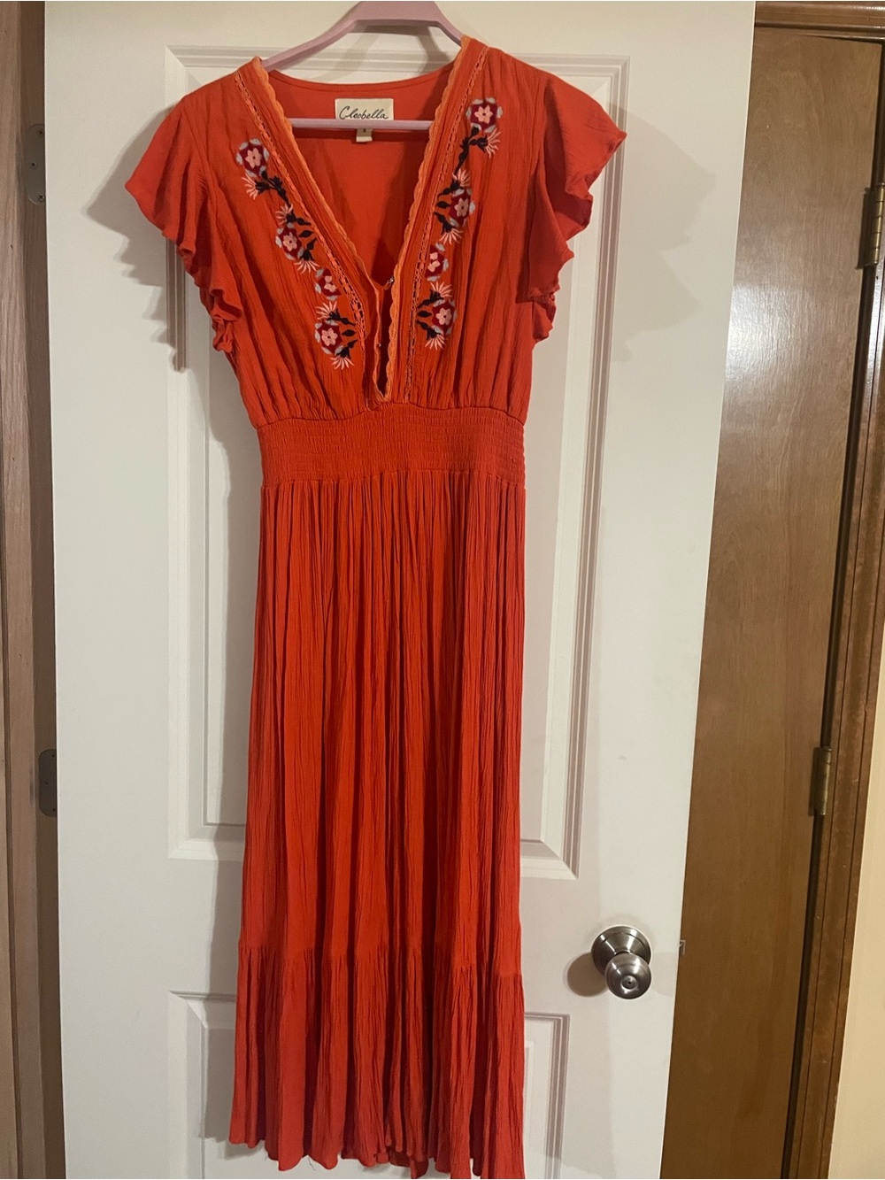 Cleobella Vibrant Orange Embroidered V-Neck Maxi Dress